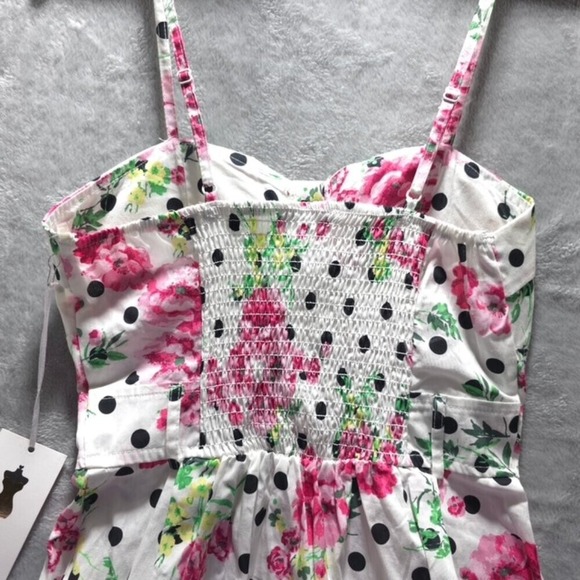 Purple Snow Juniors Mini Dress White Pink Floral Polka Dot Size M NWT‎ - Picture 4 of 7